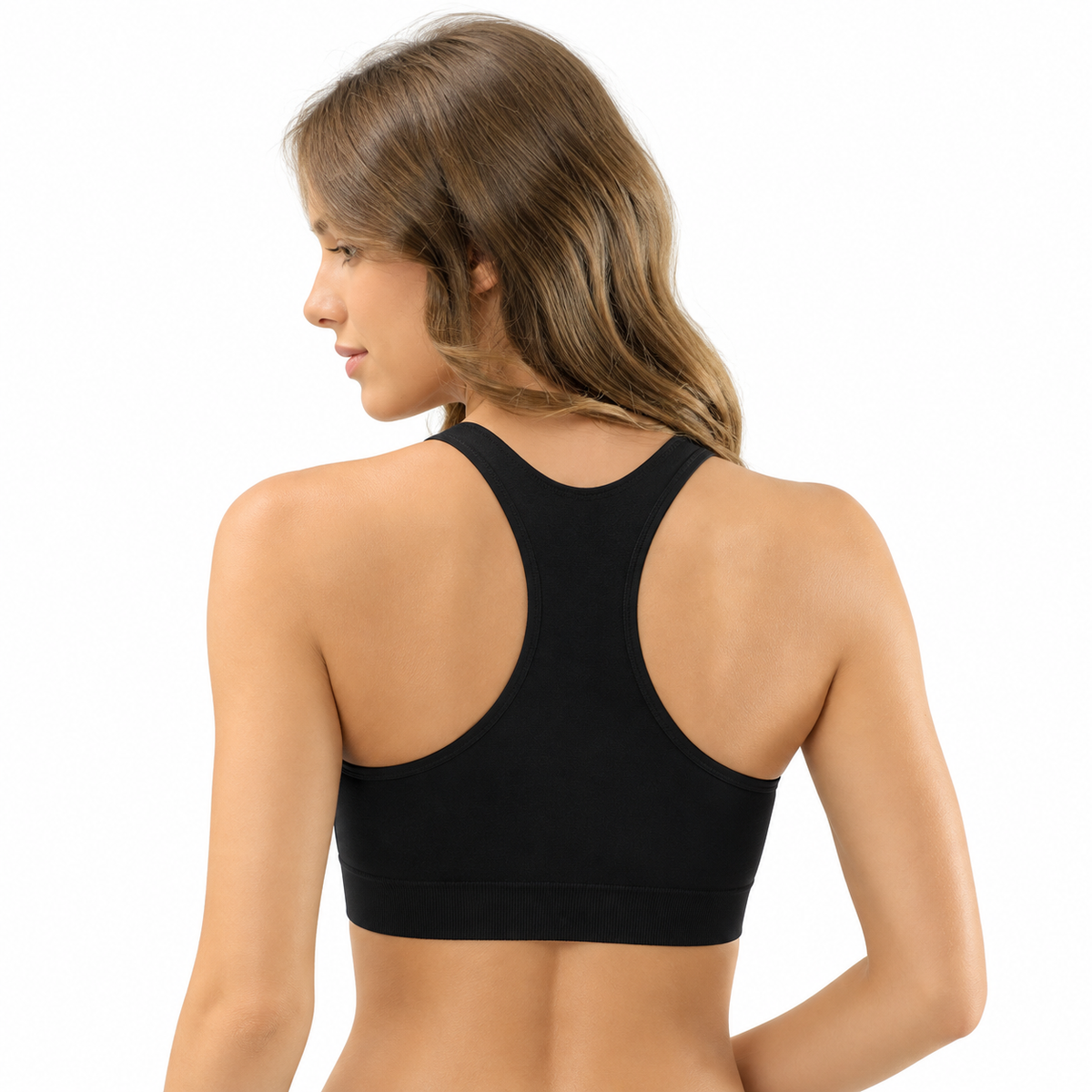 Seamless round-neck sports bra, black, racerback