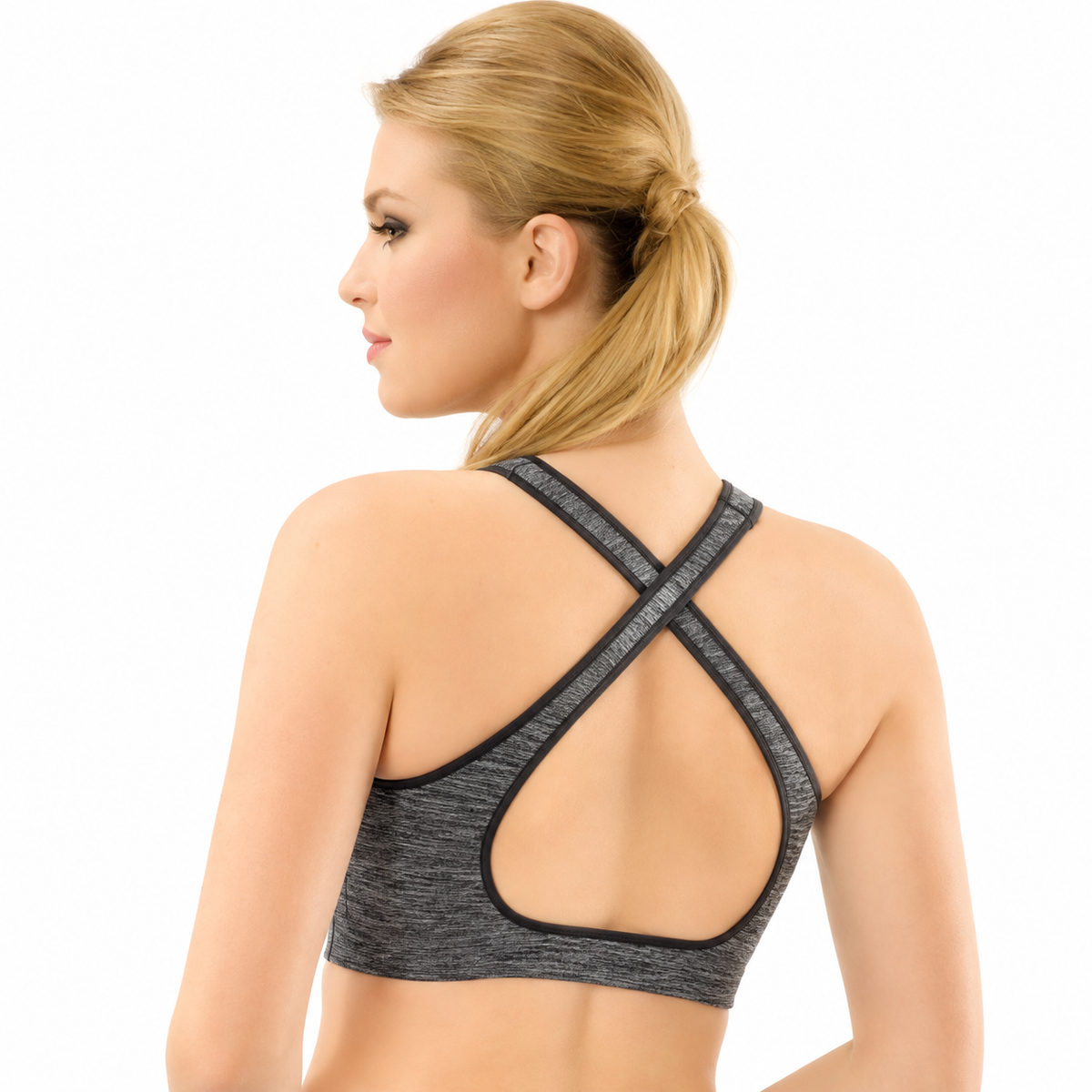 Criss-cross back sports bra, melange grey, back