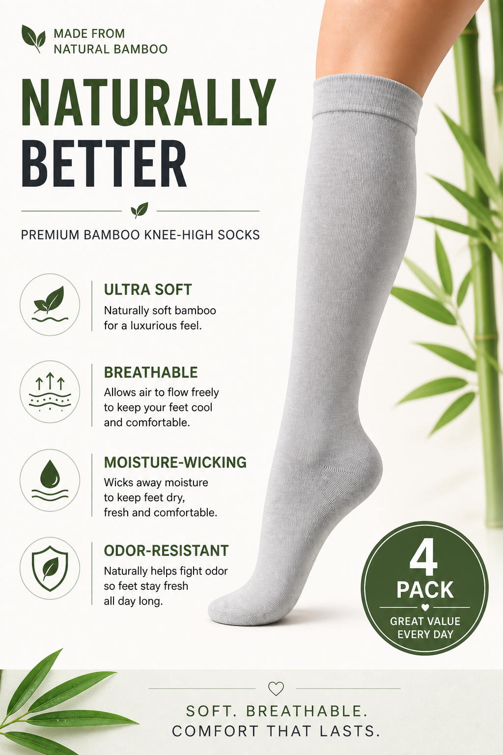 Bamboo knee high socks breathable soft infographic