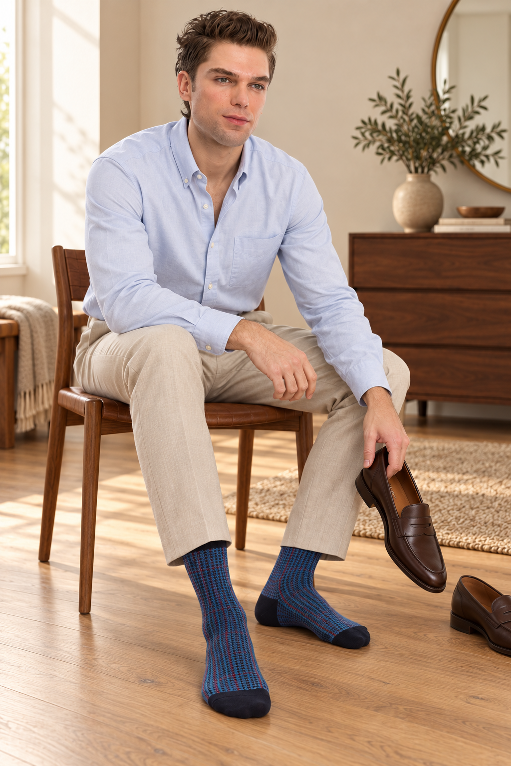 Man wearing blue patterned Bambooven dress socks with stone trousers and a light blue shirt