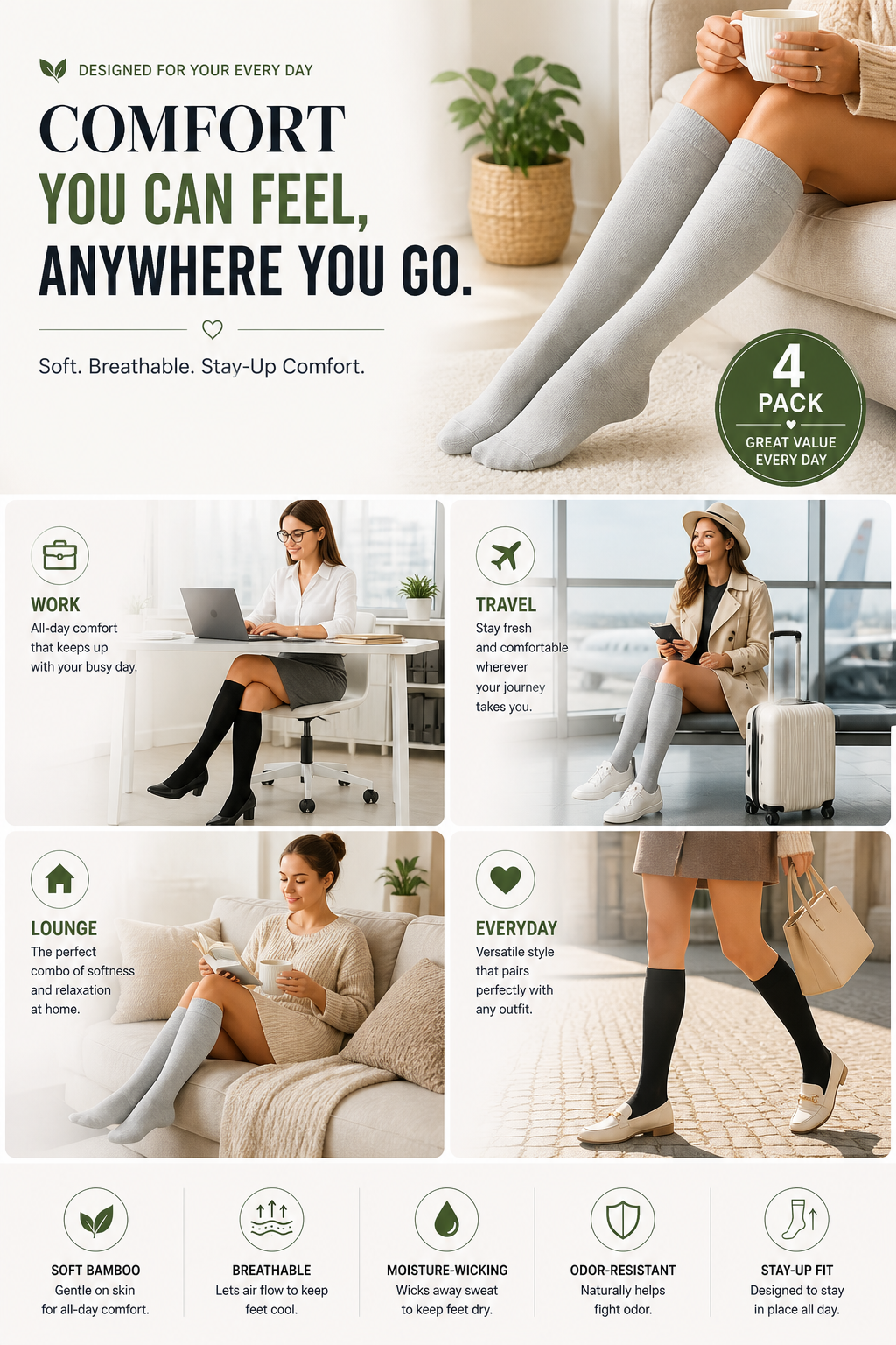 Women bamboo knee high socks lifestyle work travel lounge