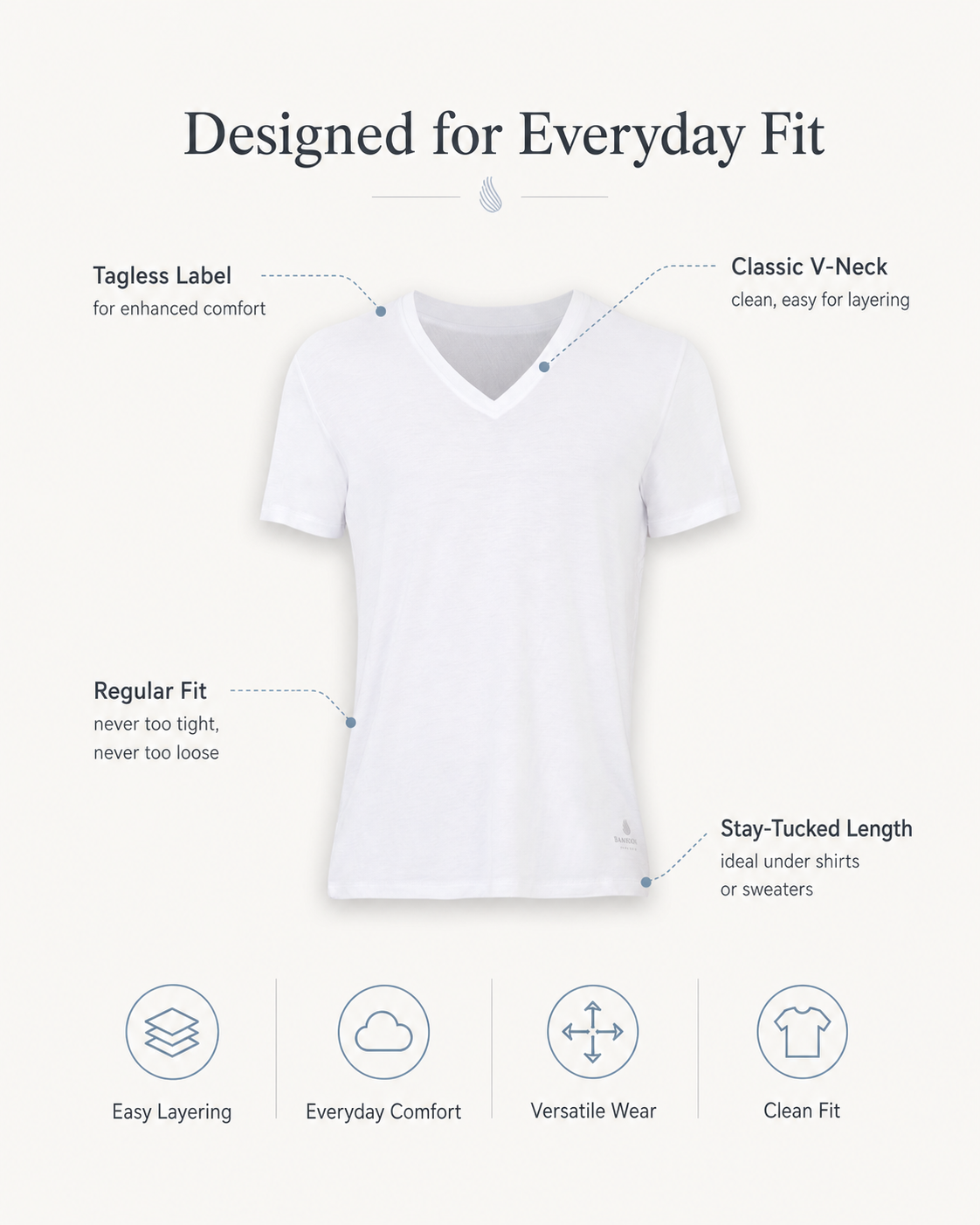 Bambooven men's bamboo V-neck undershirt designed for everyday fit infographic